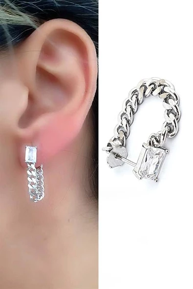 Baget Zirkon Taşlı 925 Ayar Gümüş Zincir Tek Küpe ürün görseli