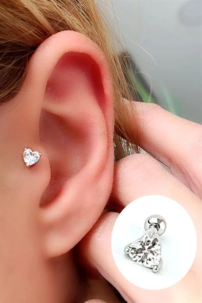 Kalp Şeklinde Zirkon Taş Detaylı 925Ayar Gümüş Tragus Helix Kikirdak Piercing ürün görseli