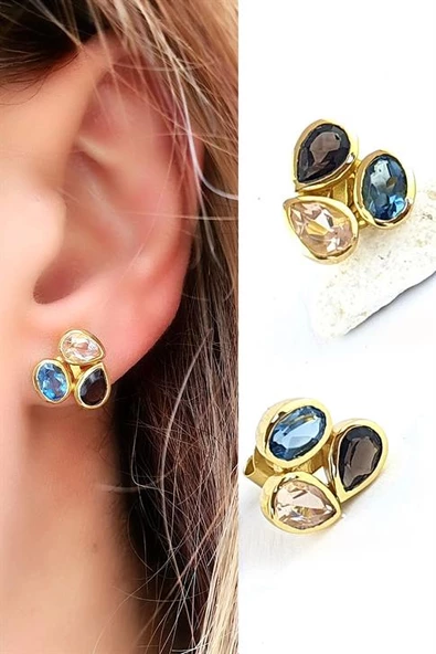 Pembe Kuvars Aquamarin Ve Dumanlı Kuvars Taşlı 925Ayar Gümüş Üzerine Altın Kaplama Tasarım Doğal Taş Küpe ürün görseli