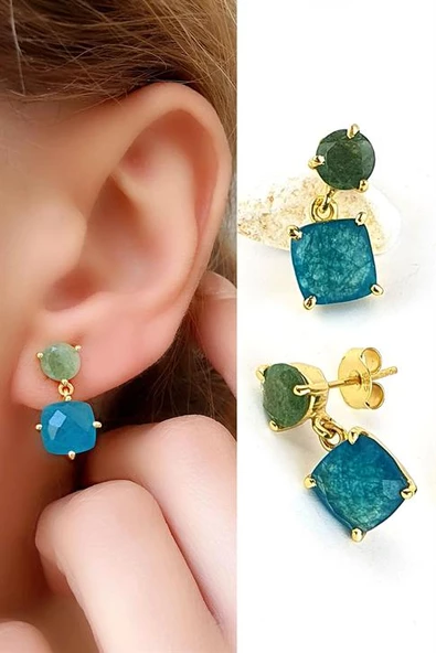 Kök Zümrüt Ve Mavi Kuvars Taşlı 925Ayar Gümüş Üzerine Altın Kaplama Tasarım Trend Doğal Taş Küpe ürün görseli