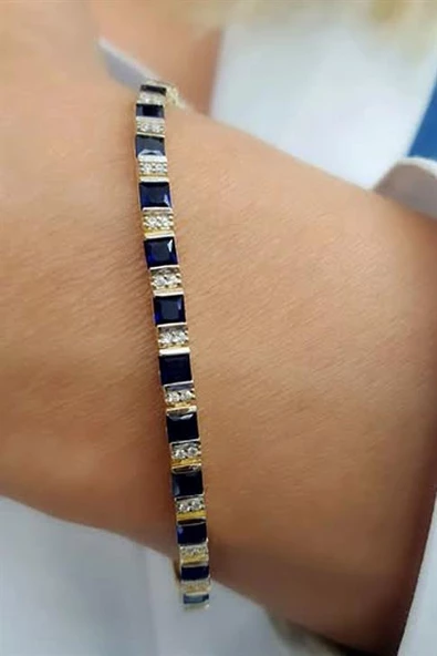 Lacivert Zirkon Taşlı 925Ayar Gümüş Üzerine Altın Kaplama Luxury Tasarım Su Yolu Bileklik ürün görseli