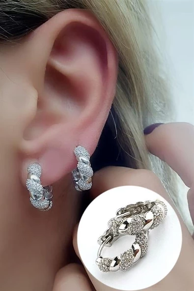 Zirkon Taşlı 925Ayar Gümüş  Luxury Tasarım Bombeli Burgu Halka Küpe ürün görseli