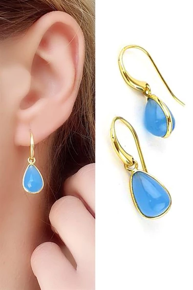 Kalsedon  Taşlı 925Ayar Gümüş Üzerine Altın Kaplama Tasarım Damla Doğal Taş Küpe ürün görseli