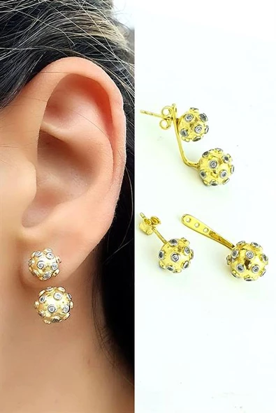 Zirkon Taş Detaylı 925Ayar Gümüş Üzerine Altın Kaplama Tasarım Earcuff Top Küpe ürün görseli