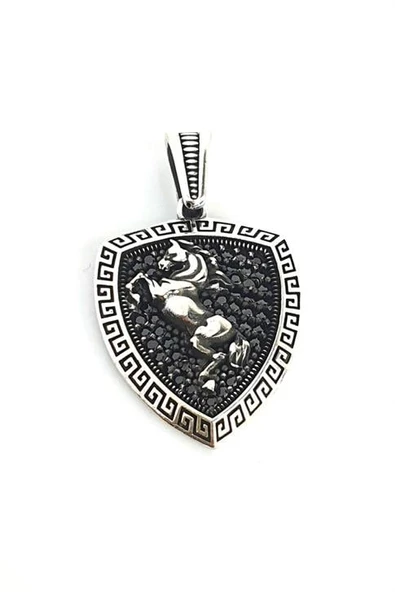 Oniks Taş Detaylı 925Ayar Gümüş At Figürlü Kolye Ucu ürün görseli