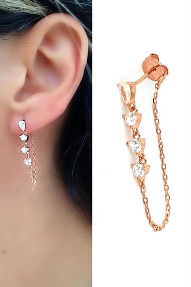 Zirkon Taş Detaylı 925Ayar Gümüş Üzerine Rose Altın Kaplama Zincir Detaylı Trend Tek Küpe ürün görseli