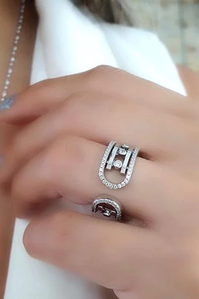 Taşları Hareketli 925Ayar Gümüş İtalyan Tasarımı Trend Ayarlanabilir Yüzük ürün görseli