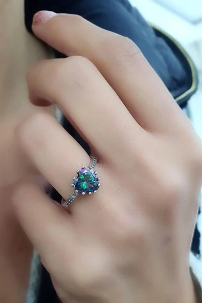 Mistik Topaz Taşlı 925 Ayar Gümüş Kalp Tek Taş Yüzük ürün görseli