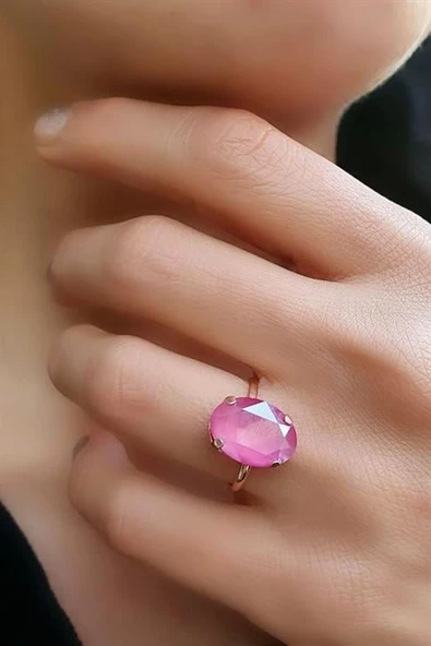 Pembe Swarovski Taşlı 925Ayar Gümüş Rose Altın Kaplama Ayarlanabilir Yüzük ürün görseli