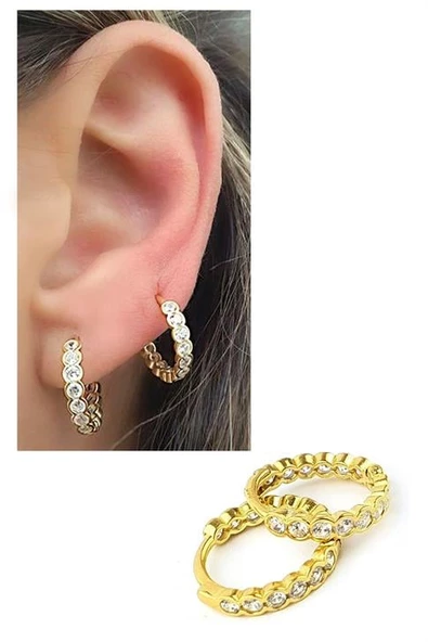 Arkası Önü Zirkon Taşlı 925Ayar Gümüş Üzerine Altın Kaplama Halka Küpe ürün görseli