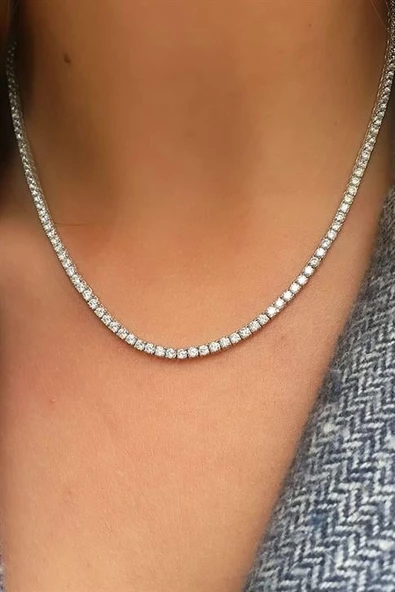 Pırlanta Parlaklığında Swarovski Kesim Zirkon Taşlı 925 Ayar Gümüş Su Yolu Kolye ürün görseli