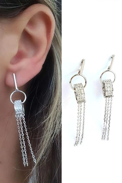 İtalyan Tasarımı Baget Zirkon Taşlı 925Ayar Gümüş Sallantılı Özel Tasarım Küpe ürün görseli