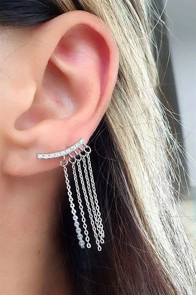 Zirkon Taş Detaylı İtalyan 925 Ayar Gümüş Zincirli Tek Küpe ürün görseli