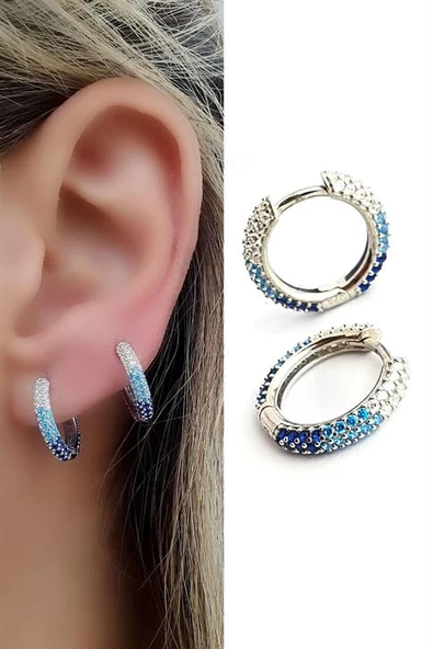 Mavi Geçişli Zirkon Taşlı 925Ayar Gümüş  Luxury Tasarım Bombeli Halka Küpe ürün görseli