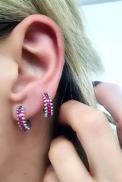 Pembe Zirkon Taşlı 925Ayar Gümüş Luxury Tasarım Halka Küpe ürün görseli