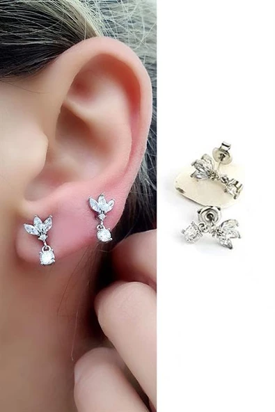 925Ayar Gümüş Üzerine Altın Kaplama Luxury Tasarım Zirkon Taş Detaylı Lotus Minimal Sallantili Küpe 1.5Cm ürün görseli