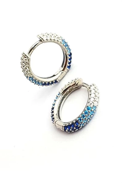 Mavi Geçişli Zirkon Taşlı 925Ayar Gümüş  Luxury Tasarım Bombeli Halka Küpe 1.5Cm ürün görseli