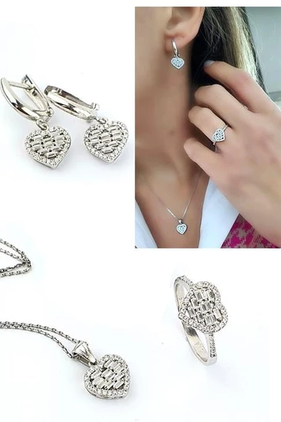 Baget Zirkon Taşlı 925 Ayar Gümüş Kalp Set Takım ürün görseli