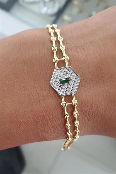925Ayar Gümüş Üzerine Altın Kaplama Luxury Tasarım Yeşil Zirkon Taşlı Trend Bileklik ürün görseli