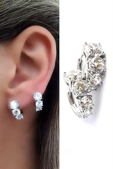 Sky Diamond Taşlı 925Ayar Gümüş Üzerine Beyaz Altın Kaplama Süzme Sıra Taş Halka Küpe ürün görseli