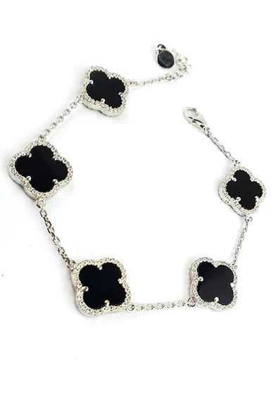 Oniks Taşlı Zirkon Taş Detaylı 925Ayar Gümüş Trend Yonca Bileklik ürün görseli