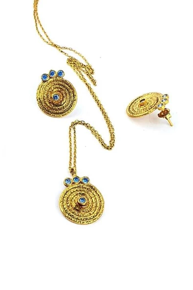 Aquamarin Taşlı 925Ayar Gümüş Üzerine Altın Kaplama El İşi Tasarım Set Takım ürün görseli