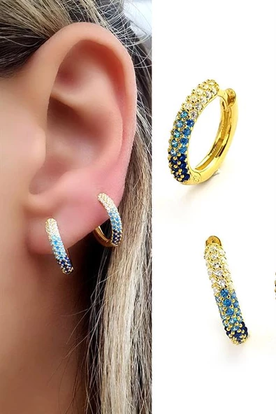 Mavi Geçişli Zirkon Taşlı 925Ayar Gümüş Üzerine Altın Kaplama Luxury Tasarım Bombeli Halka Küpe 1.5Cm ürün görseli
