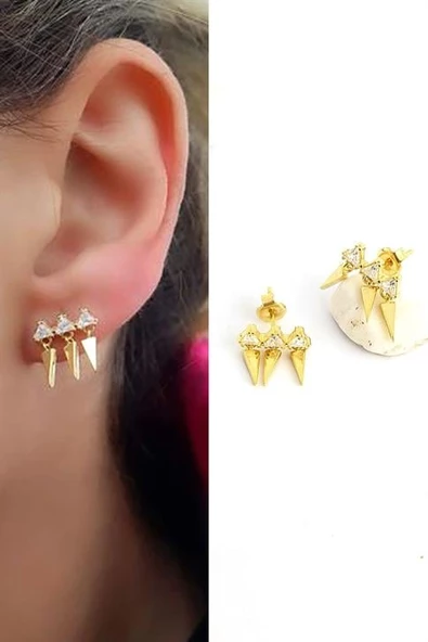 Zirkon Taş Detaylı 925Ayar Gümüş Üzerine Altın Kaplama Luxury Tasarım Minimal Sallantili Küpe ürün görseli