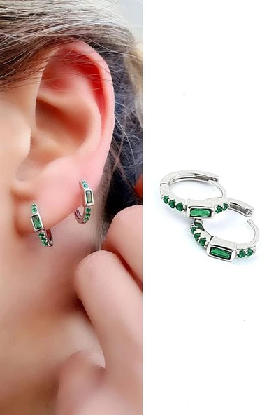 Yeşil Zirkon Taşlı 925Ayar Gümüş Luxury Tasarım Halka Küpe ürün görseli