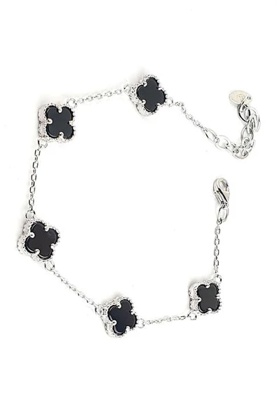 Oniks Taşlı 925Ayar Gümüş Trend 5 Li Yonca Bileklik  Kadın Erkek ürün görseli