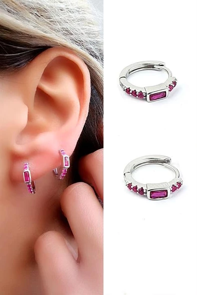 Pembe Zirkon Taşlı 925Ayar Gümüş Luxury Tasarım Halka Küpe ürün görseli