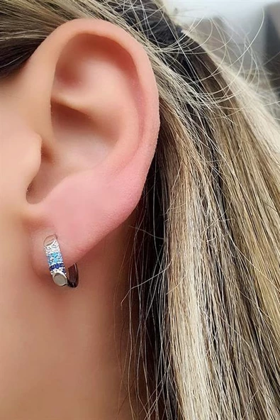 Mavi Geçişli Zirkon Taşlı 925Ayar Gümüş  Luxury Tasarım Halka Küpe ürün görseli