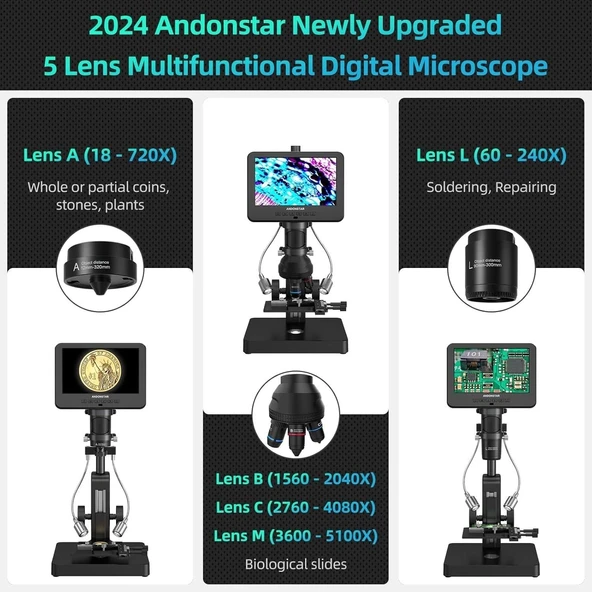 Andonstar AD266S 20X-5000X HDMI Dijital Mikroskop, 5 Lens 2160P - 2