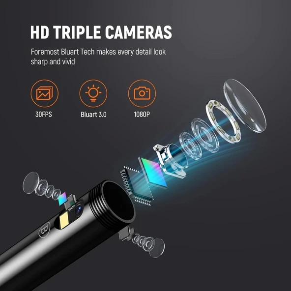 DEPSTECH Üç Lensli Boroskop 5 Inc IPS Ekran 1080P HD - 5m Kablo - 2