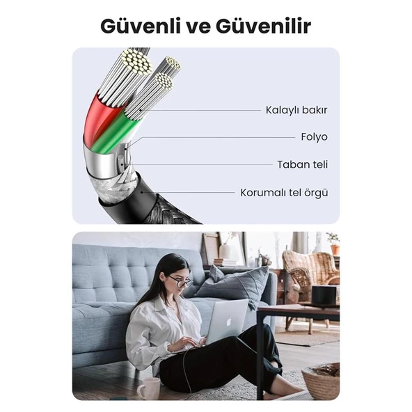 UGREEN USB-C 60W 3A QC PD ÖRGÜLÜ HIZLI SARJ KABLOSU 1 MT SIYAH 50150 - 2