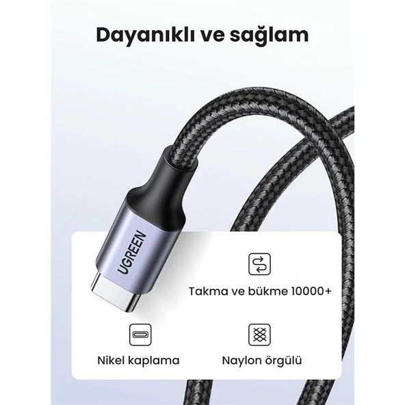 UGREEN USB-C 60W 3A QC PD ÖRGÜLÜ HIZLI SARJ KABLOSU 1 MT SIYAH 50150 - 3