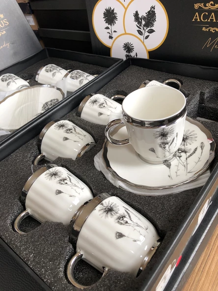 Acar Melody 6 Kişilik Porselen Kahve Fincanı Takımı 90 ml 5142 Silver Model-1 - 2