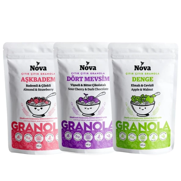 Mix Paket 3 (BADEMLİ VE ÇİLEKLİ-VİŞNELİ VE BİTTER ÇİKOLATALI-ELMALI VE CEVİZLİ) 340 gr x