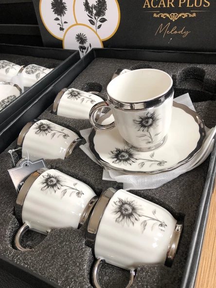Acar Melody 6 Kişilik Porselen Kahve Fincanı Takımı 90 ml 5142 Silver Model-2 - 2