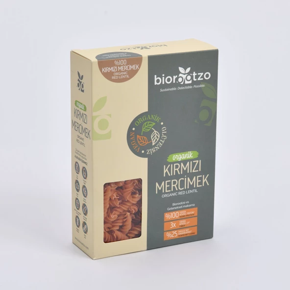 Biorootzo Organik Glütensiz ve Vegan Artizan Bronz Kalıp Kırmızı Mercimek Fusilli 200 g