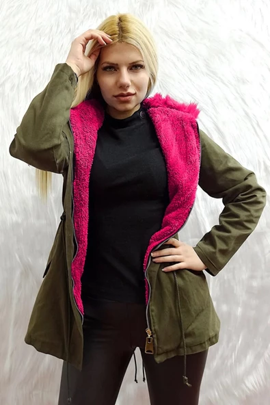BOGNER Pembe Kürklü Yeşil Kalın Kapüşonlu Kadın Askeri Mont Kaban - 2