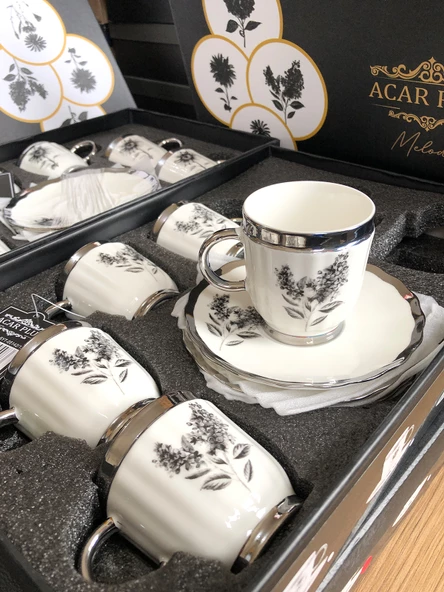 Acar Melody 6 Kişilik Porselen Kahve Fincanı Takımı 90 ml 5142 Silver Model-3 - 2