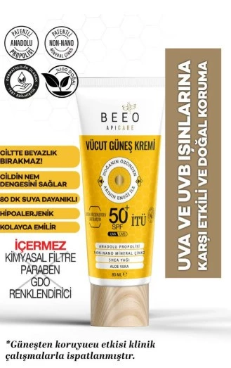 BEEO SUN GÜNEŞ KORUYUCU KREM & SPF+50 UVA+UVB DOĞAL APİCARE PROPOLİSLİ VÜCUT GÜNEŞ KREMİ 80ML