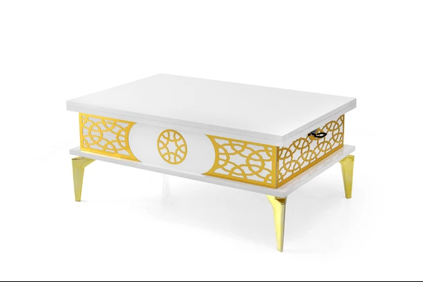SEFA HOME PREMİUM DEKORLU SİHİRLİ SEHPA BEYAZ-GOLD DETAY - 5