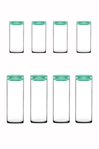 Vakumlu Cam Kavanoz - Cam Erzak Saklama Kabı 8 Li 2 Boy Turkuaz