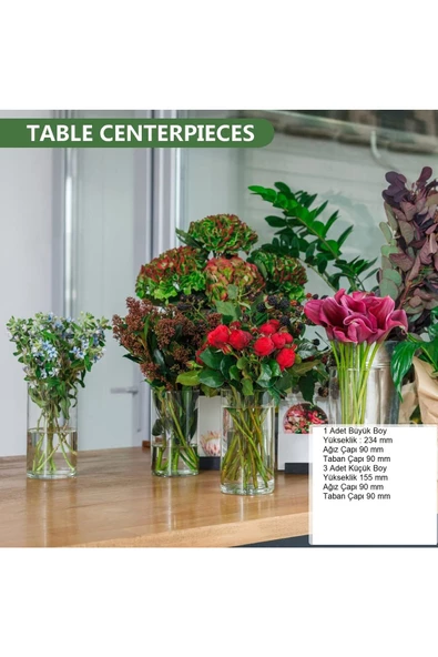 4 Lü Cam Vazo Seti Mumluk Seti 3 Adet Küçük Boy 1 Adet Büyük