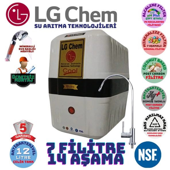 LG Chem COOL BEYAZ SİYAH MONTAJ DAHİL 12 LİTRE 7 FİLTRE 14 AŞAMA SU ARITMA CİHAZI