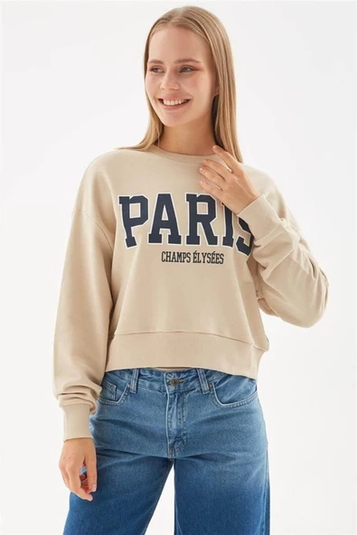 FASHION FRIENDS KADIN BASKILI CROP SWEAT 24K0053K1