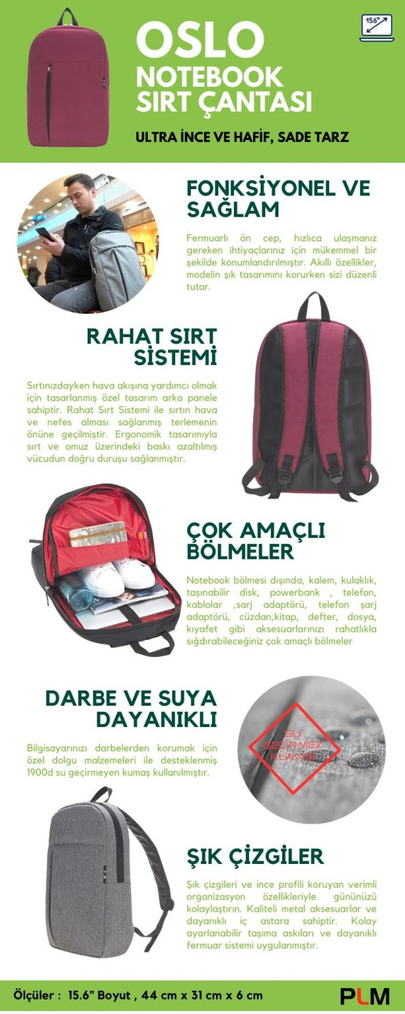 Plm Oslo 15.6 inç Laptop Sırt Çantası Bordo - 12
