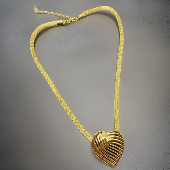 Balon Kalp Model Şık Hasır Zincir Gold Renk 316L Antialerjik Çelik Kadın Kolye ürün görseli 1